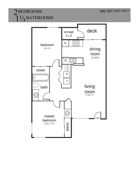 Floor plan for 2 beds, 1 bath, 900 sqft